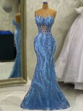Strapless Light Blue Beaded Mermaid Gown